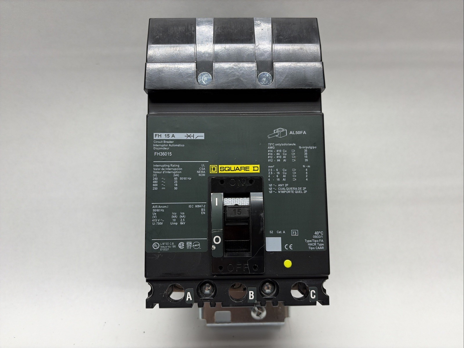 Square D FH36015 3P 600V 15A I-Line Circuit Breaker
