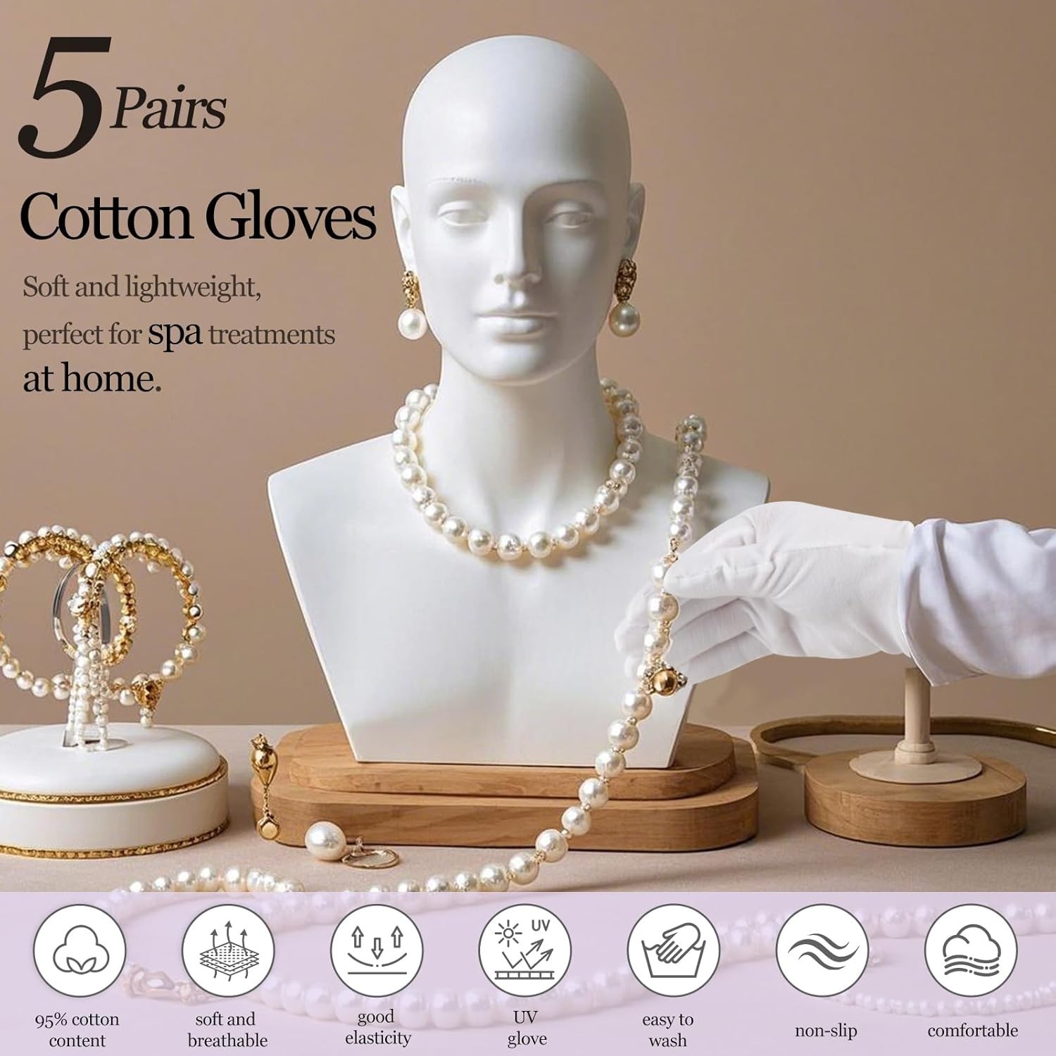 5 Pairs White Cotton Gloves for Dry Hands Sleeping, Soft Moisturizing Eczema Glo