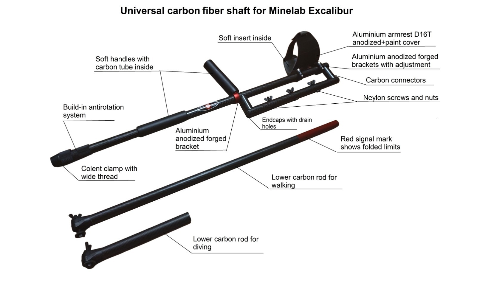 DDT universal over-under carbon shaft for Minelab Excalibur