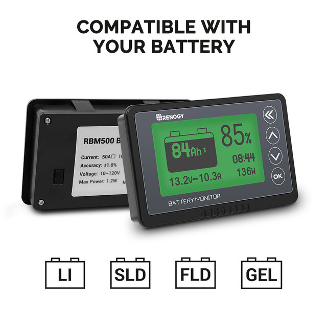 Renogy 500A Battery Monitor with Shunt, High and Low Voltage Programmable Alarm