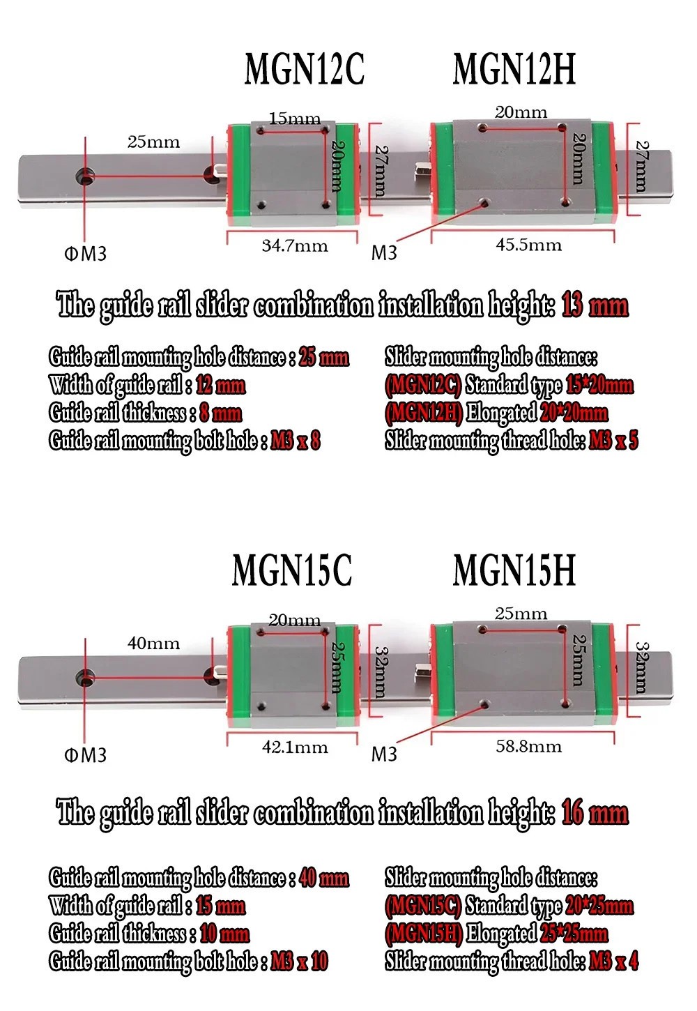 Miniature Linear Guide Slider MGN7 MGN9 MGN12 MGN15 100-600MM for 3D Printer