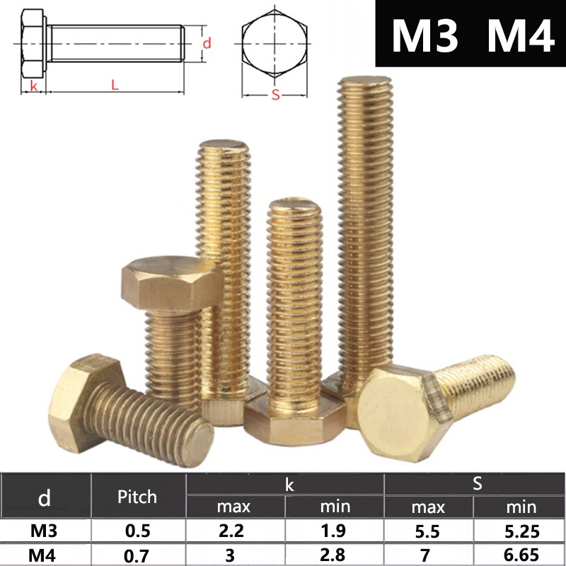 M3 M4 SOLID BRASS HEXAGON SET SCREWS FULLY THREADED METRIC HEX HEAD BOLTS DIN933