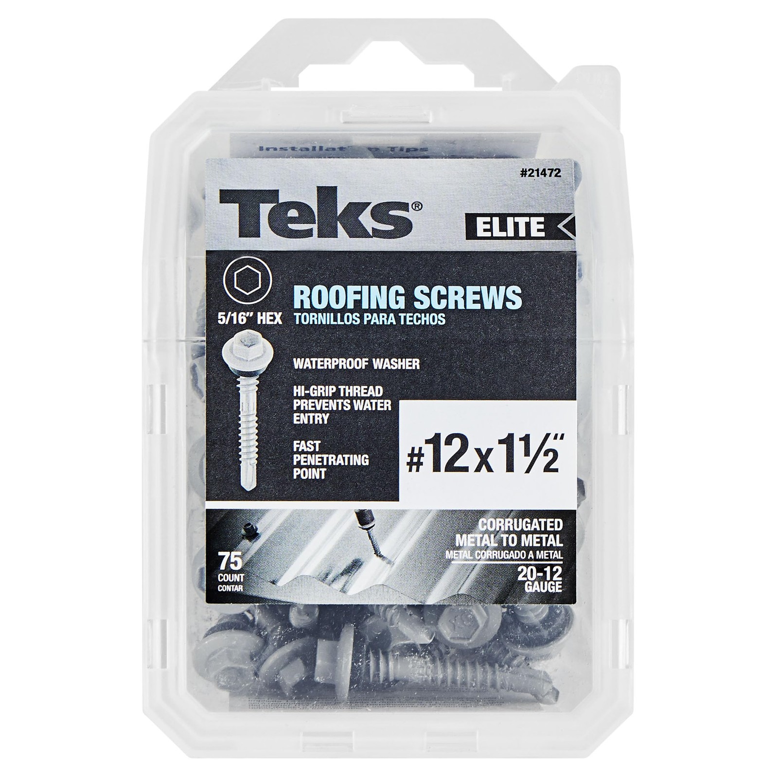 Teks 21472#12 x 1-1/2” HEX Washer Head Drill PT Metal-to-Wood Elite Roofing S…