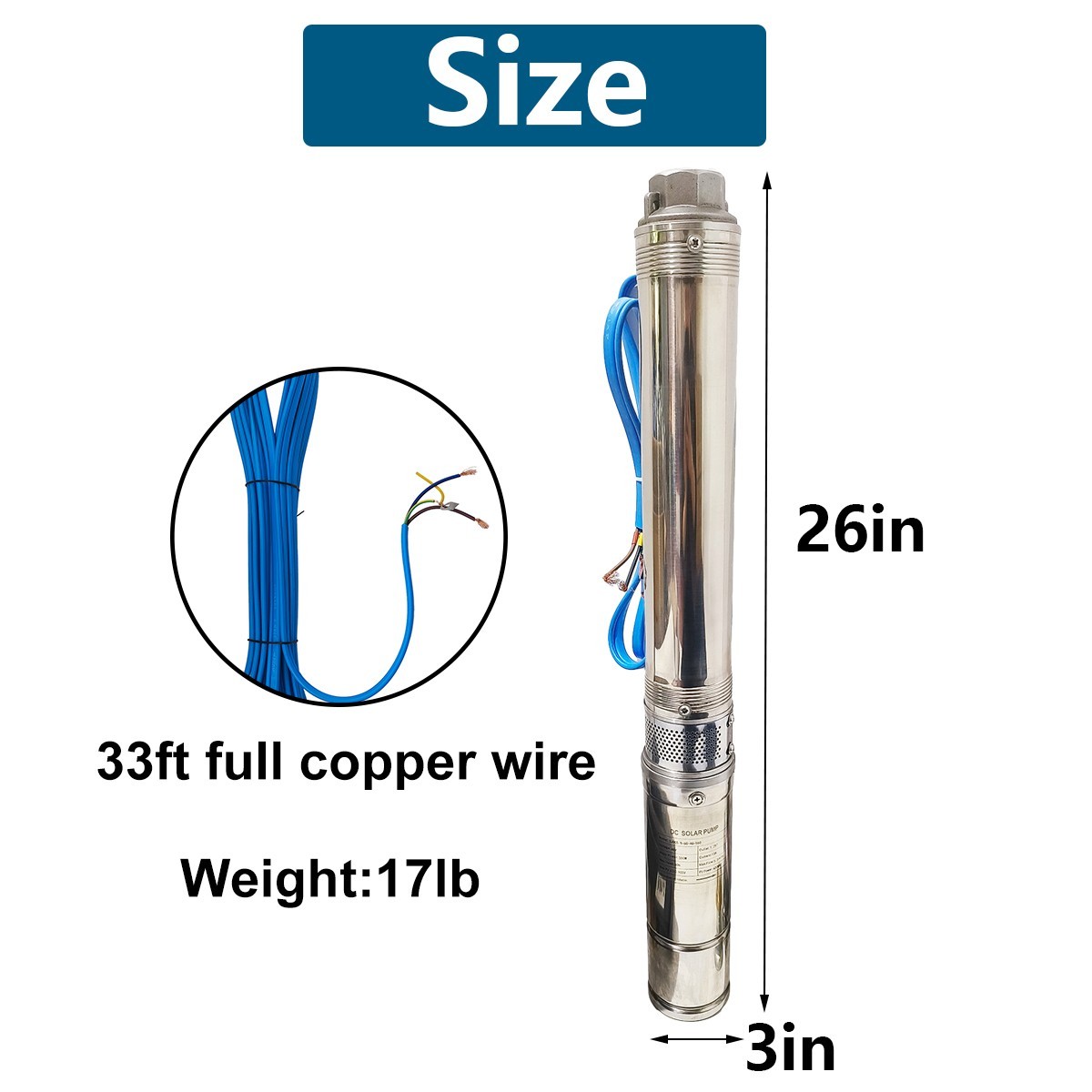 1HP Deep Well Submersible Pump, 4″ , 207 ft Max long life 220V 33GPM Sub 60Hz