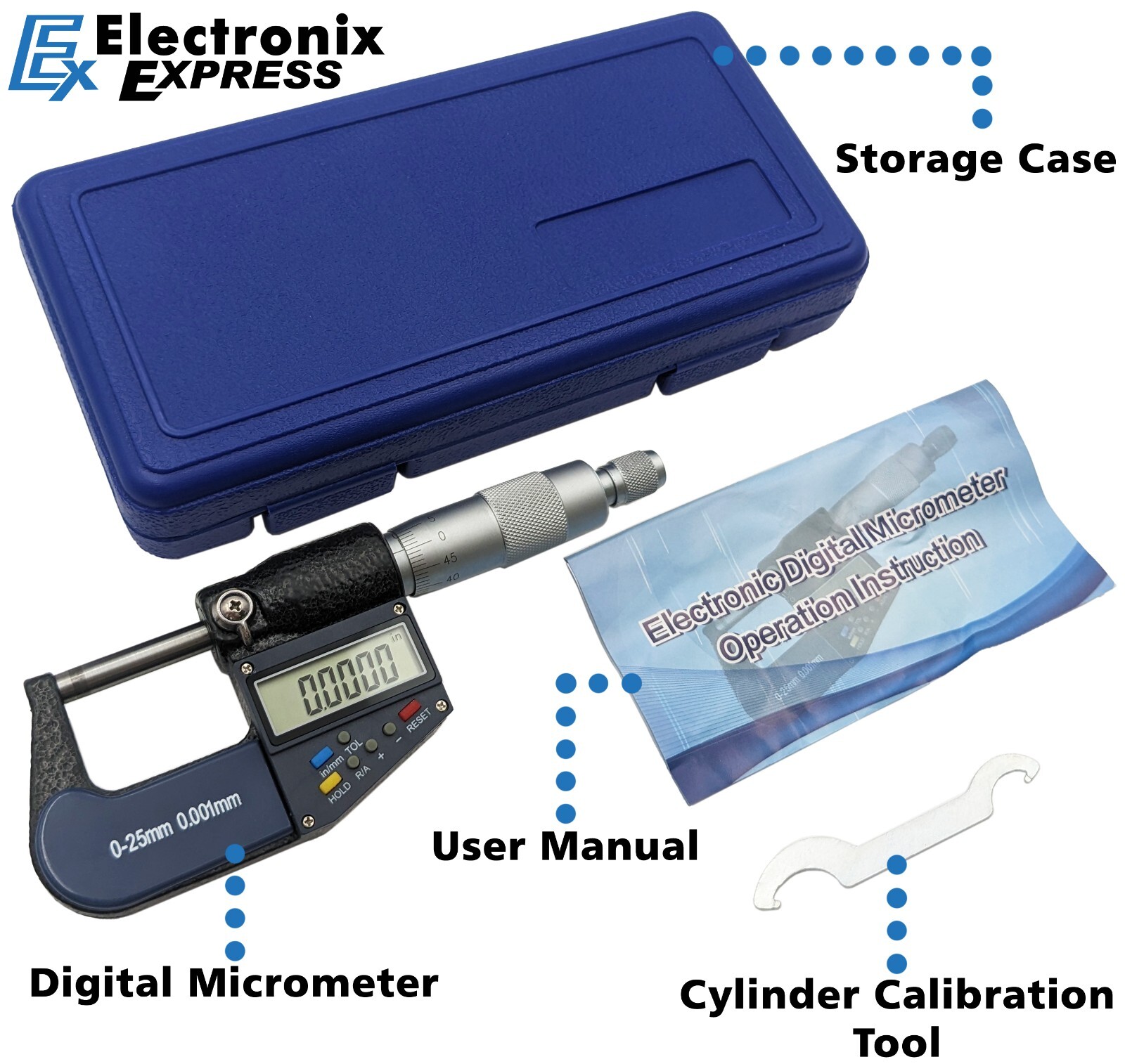 0-25mm (0-1″) Digital Micrometer with 6 Digit LCD Display, 0.001mm Resolution