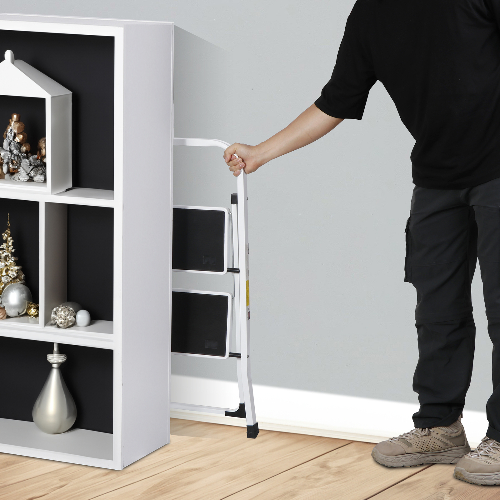 2 Step Ladder Folding Steel Step Stool Wide Anti-slip Pedal 350Lb Capacity White