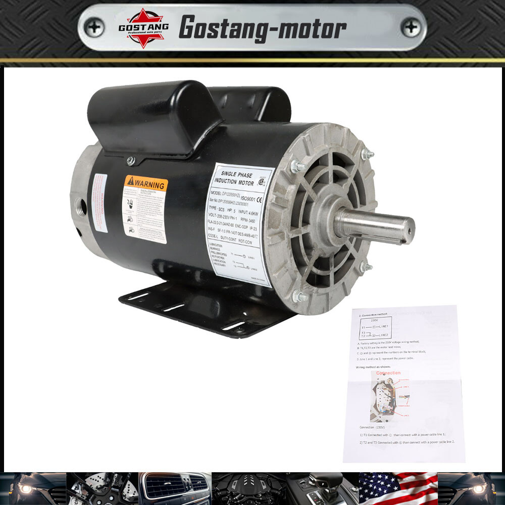 5HP Compressor Duty Electric Motor 1Phase 3450RPM 56HZ Frame 7/8″ Shaft 230V USA