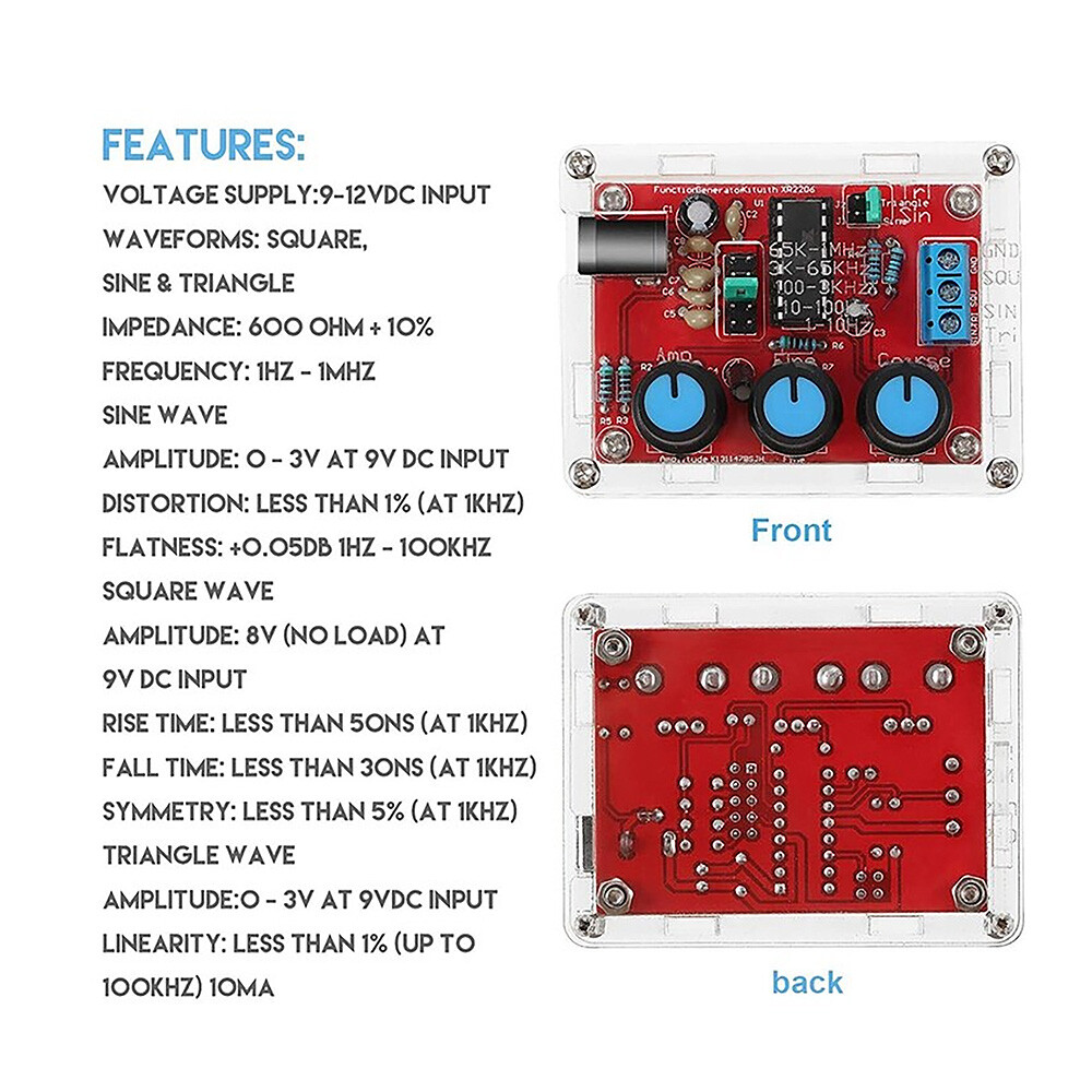 XR2206 Function DIY Kit Sine/Triangle/Square Output 1Hz-1MHz Signal Generator