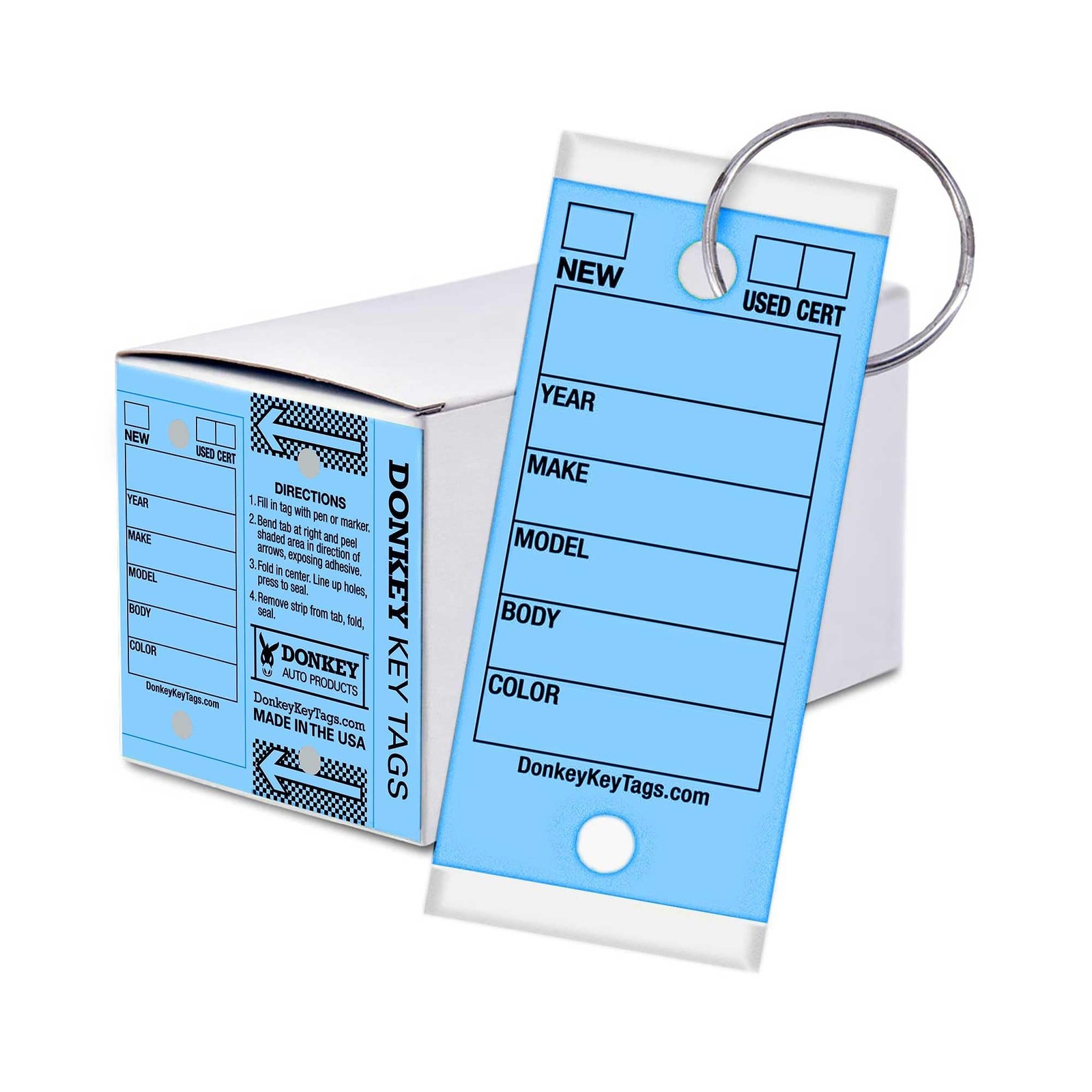 Donkey Key Tags, Laminated Self-Protecting (250 Tags per Box with Metal Rings) (