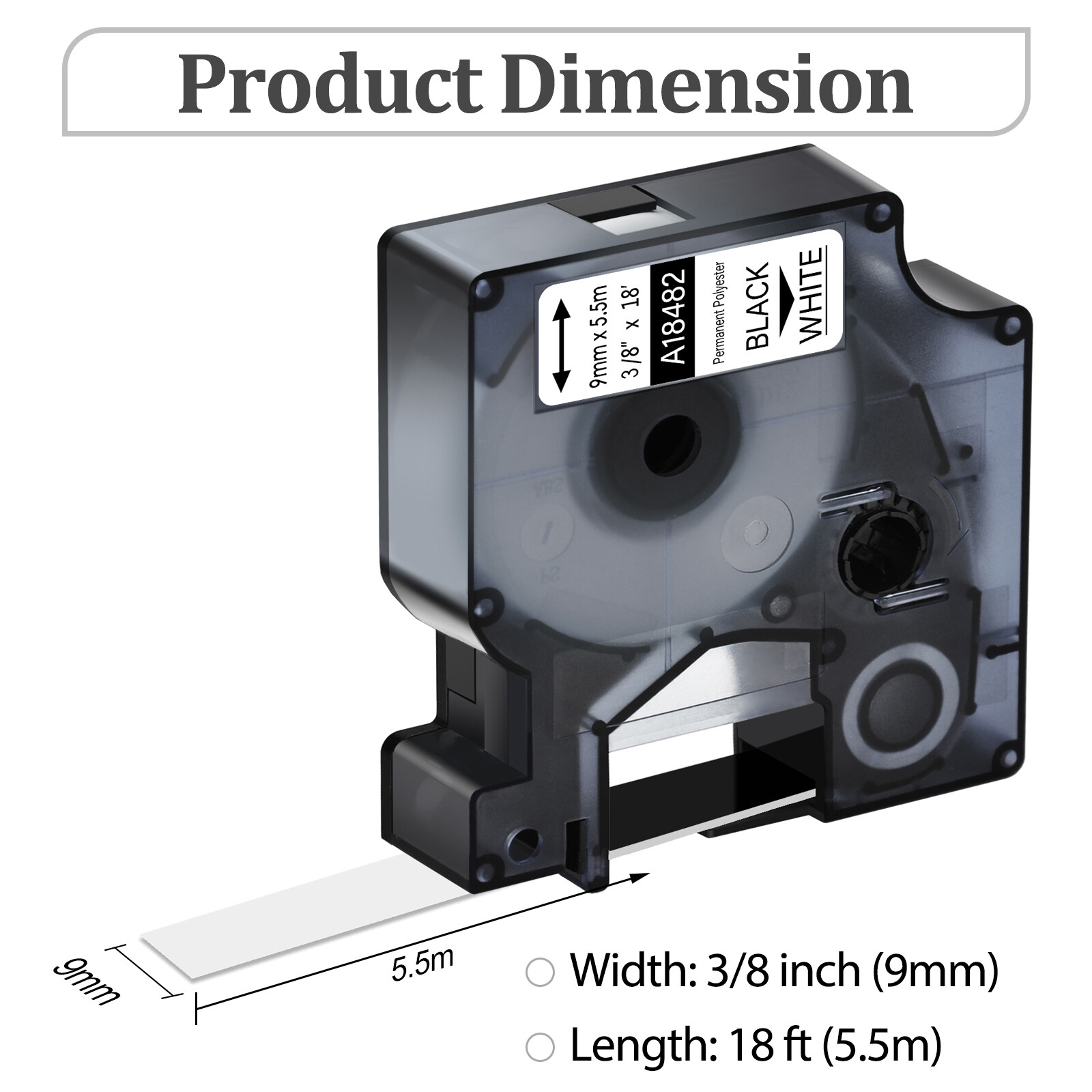 20PK 18482 IND Permanent Polyester Label Tape for Dymo Rhino Black on White 3/8″