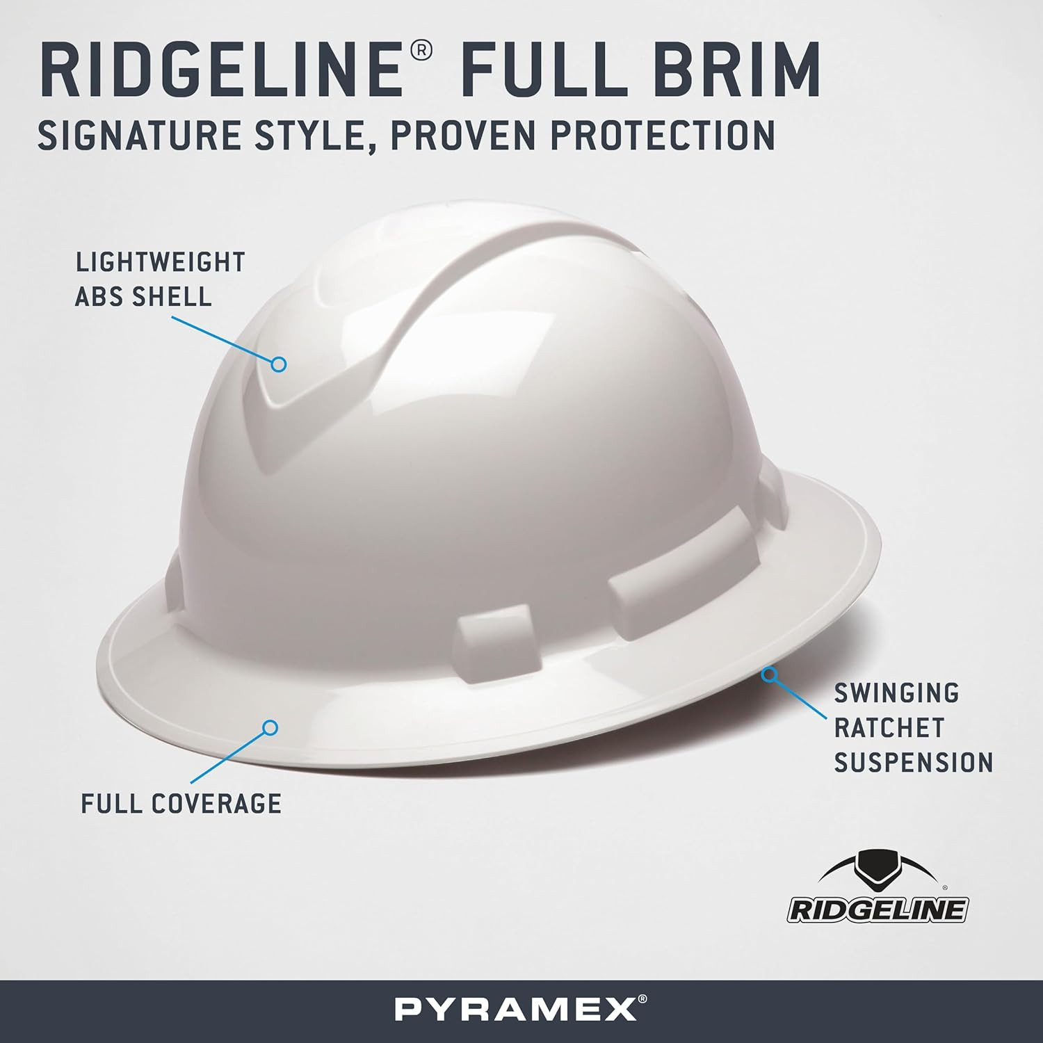 Pyramex Ridgeline Full Brim Hard Hat 4 Point Ratchet White