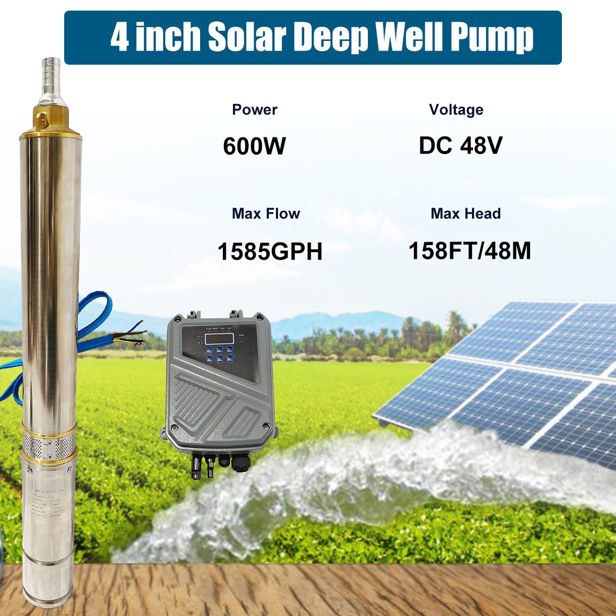 2HP 4in Solar Pump Submersible Pump Bore Deep Well Pump+MPPT Controller DC 110V