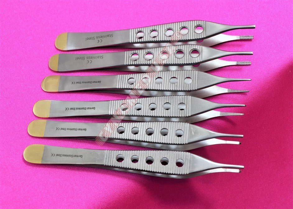 GERMAN 6 GOLD HANDLE ADSON TISSUE+BROWN+DRESSING FORCEPS 4.75″ STRAIGHT FINESTR