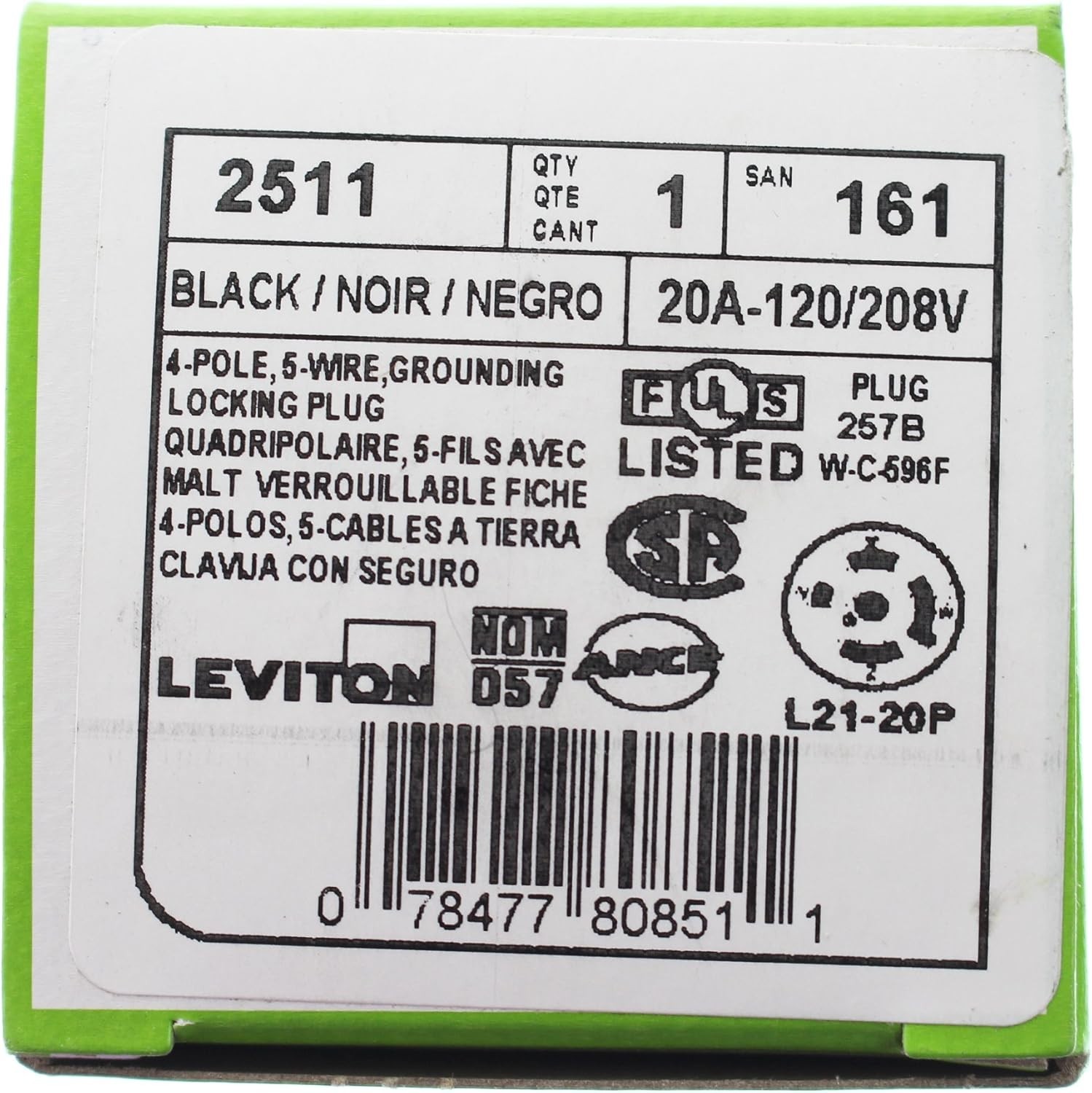 Leviton 2511 4P 5 Wire Grounding Locking Plug 20A 120/208V