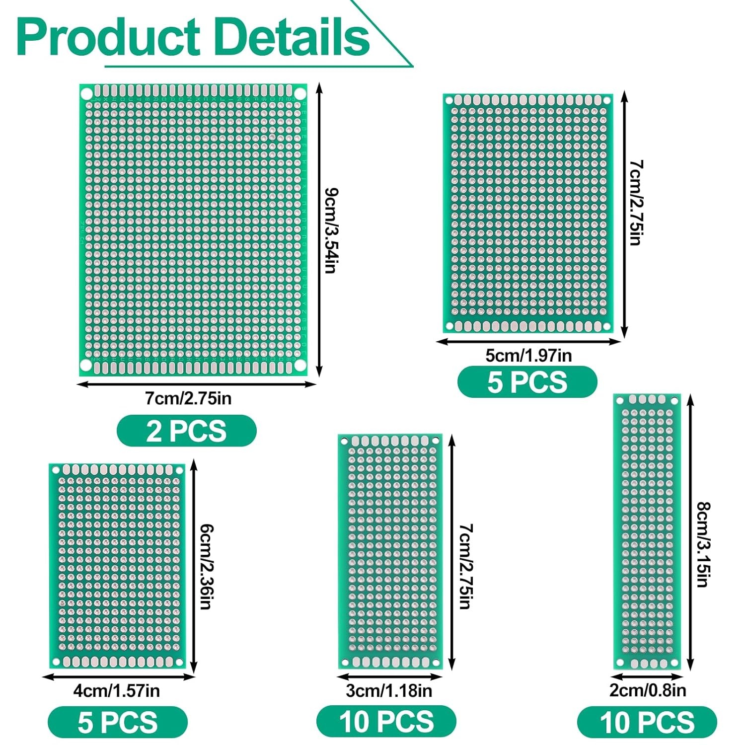 Rindion 32-Pc Double-Sided FR-4 PCB Prototype Boards 5 Sizes with Mounting Holes