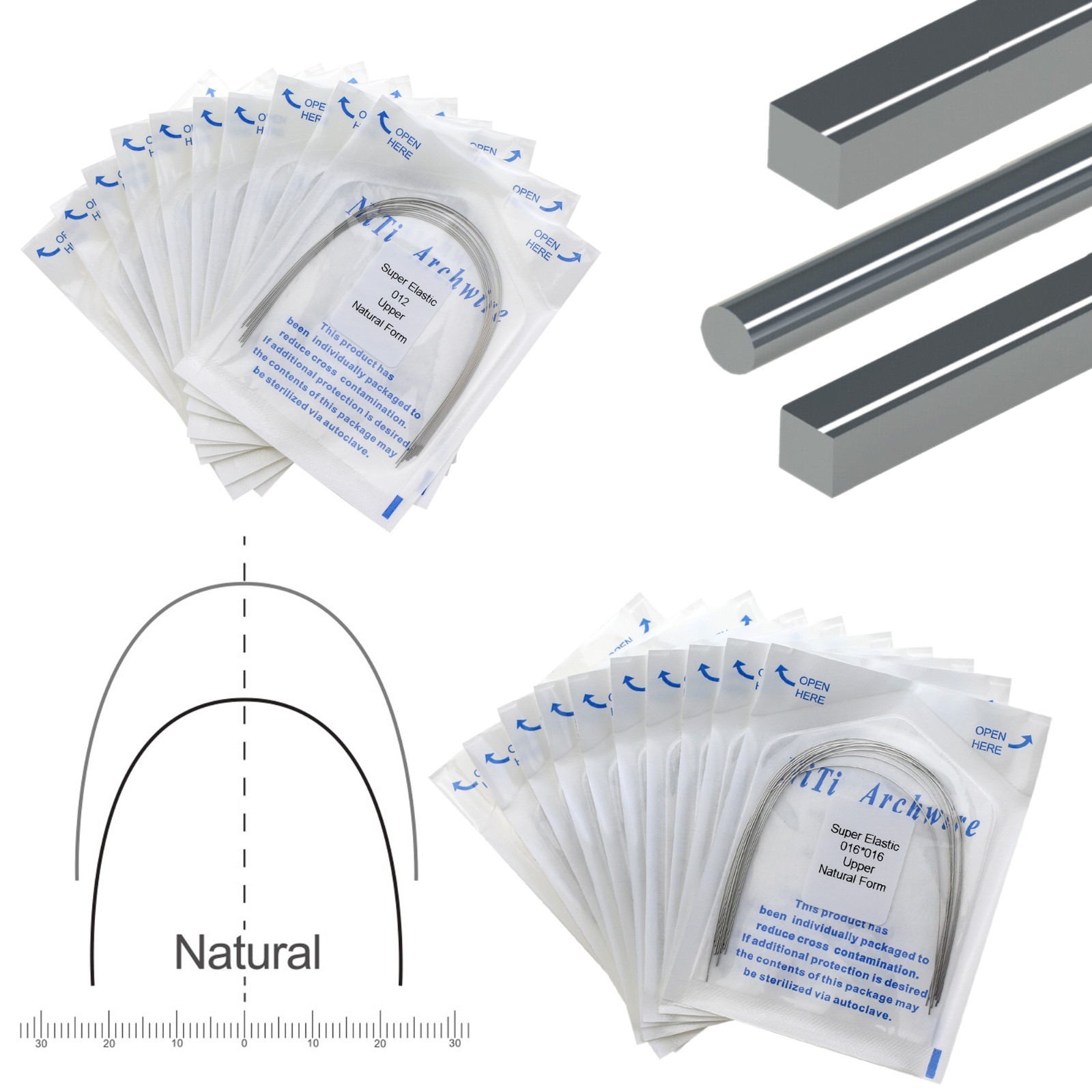 100PC Orthodontic Arch Wire Niti Stainless Steel Ovoid Natural Round Rectangular