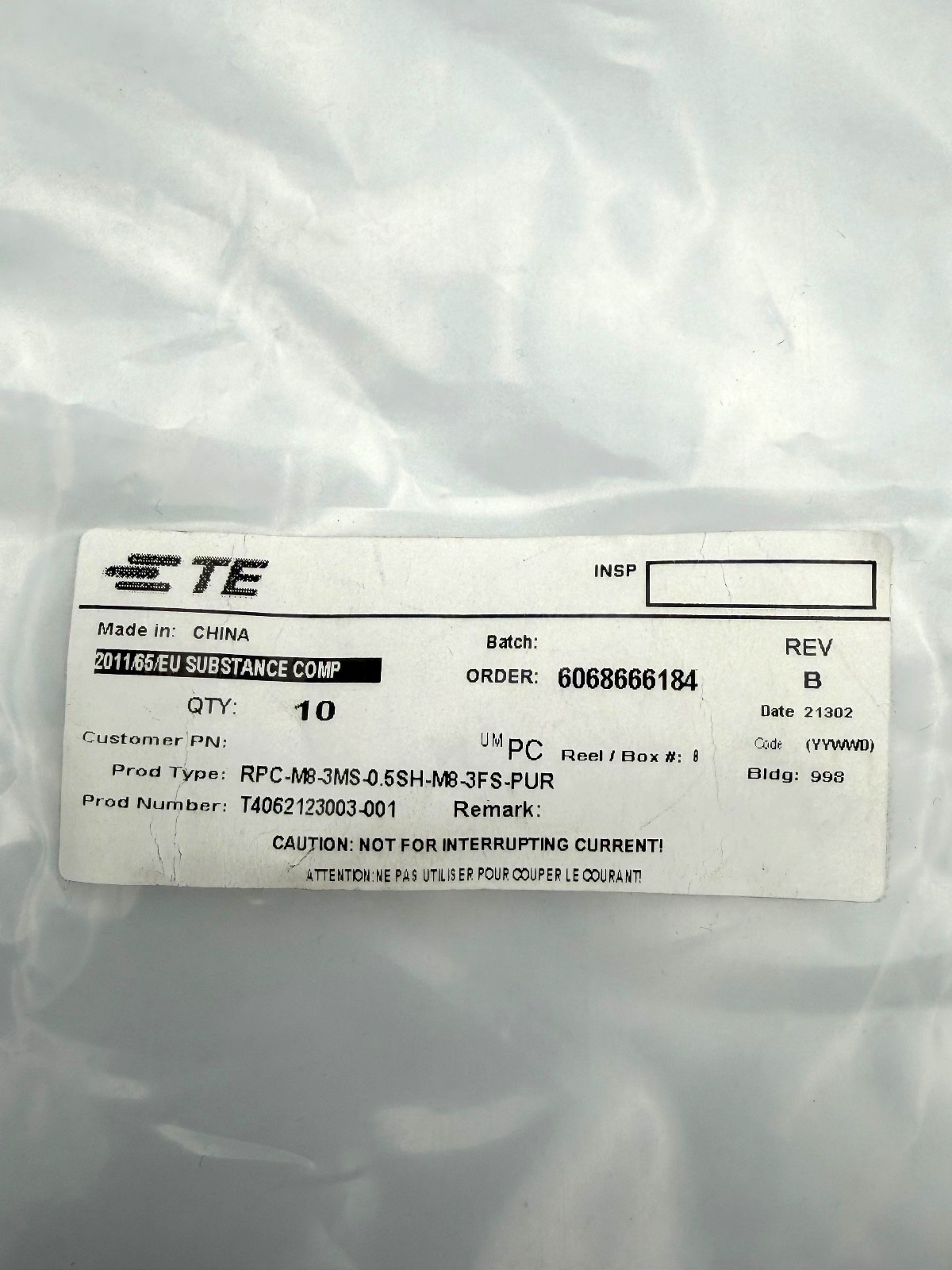 TE CONNECTIVITY T4062123003-001 M8 RPC-M8-3MS-0.5SH-M8-3FS-PUR