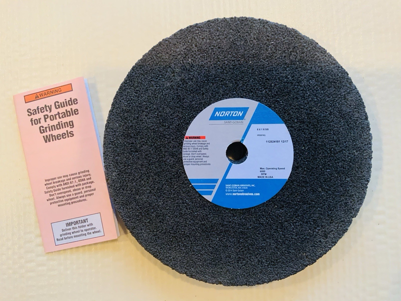 New In Box Norton Abrasives 8″ x 1″ x 5/8″ Grinding Wheel IRSBF8Q; Free Shipping