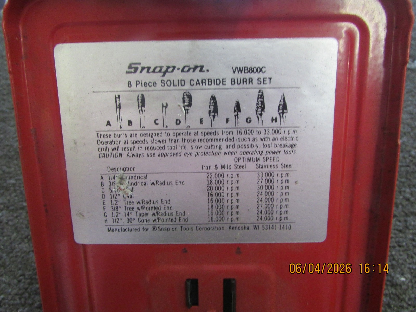 Snap-On Tools VWB800C 8 Piece Solid Carbide Burr Set Original Bits Made in USA