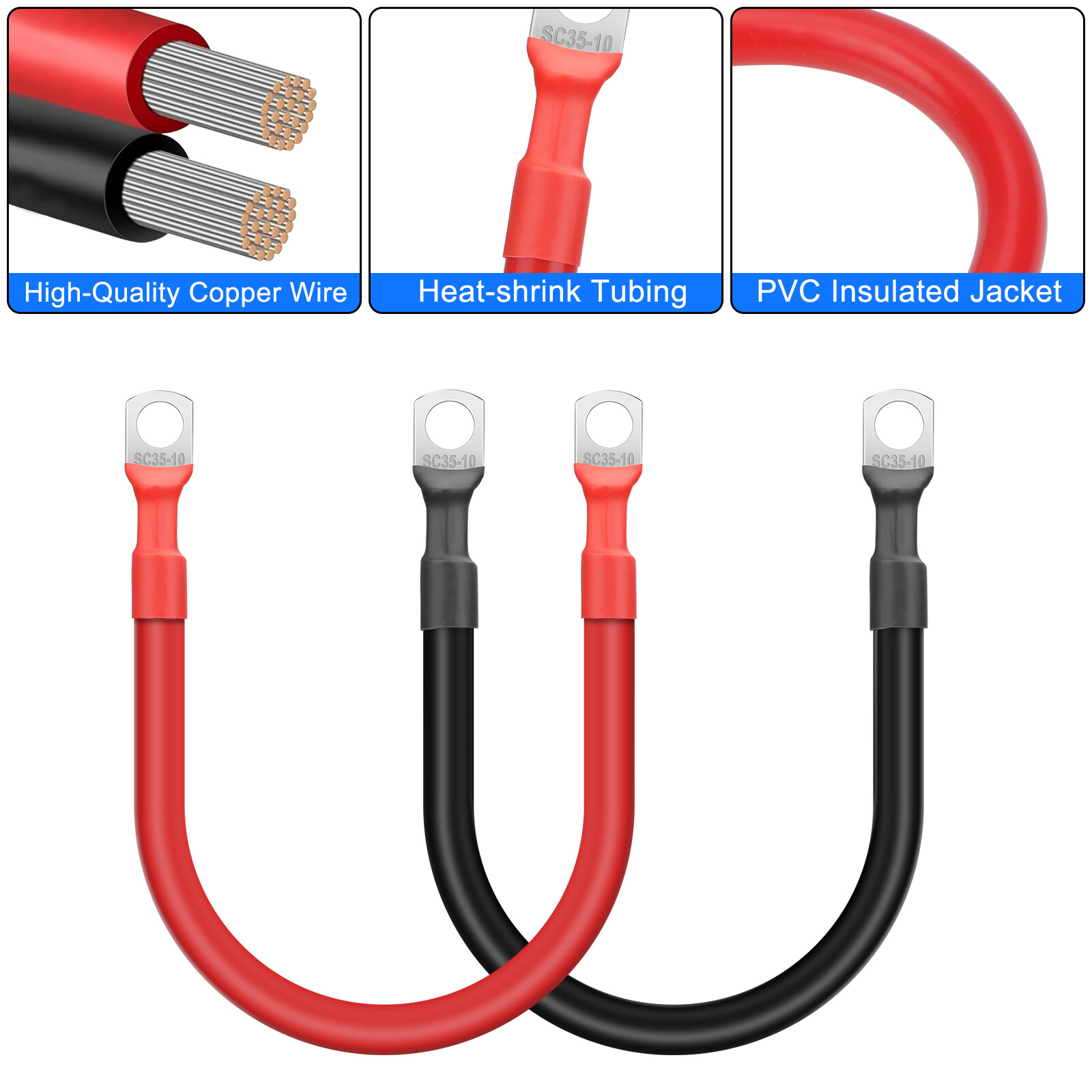 6pcs 2AWG Copper Battery Cables 3/8″ Lugs Terminals Power Inverter Wires 1FT