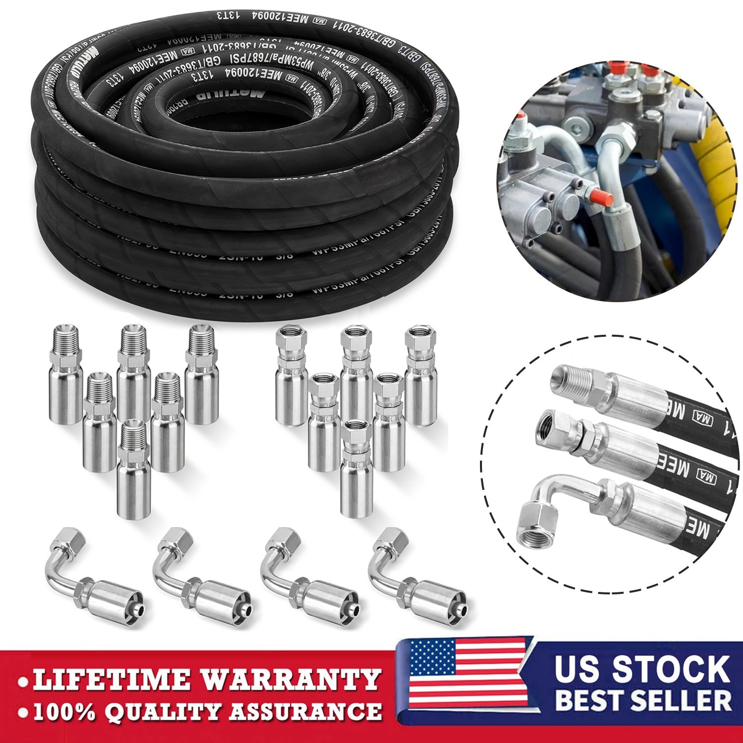 50FT 3/8″ Hydraulic Hose with 16PCS Hydraulic Hose Fittings, 2-Wire Braided Tube