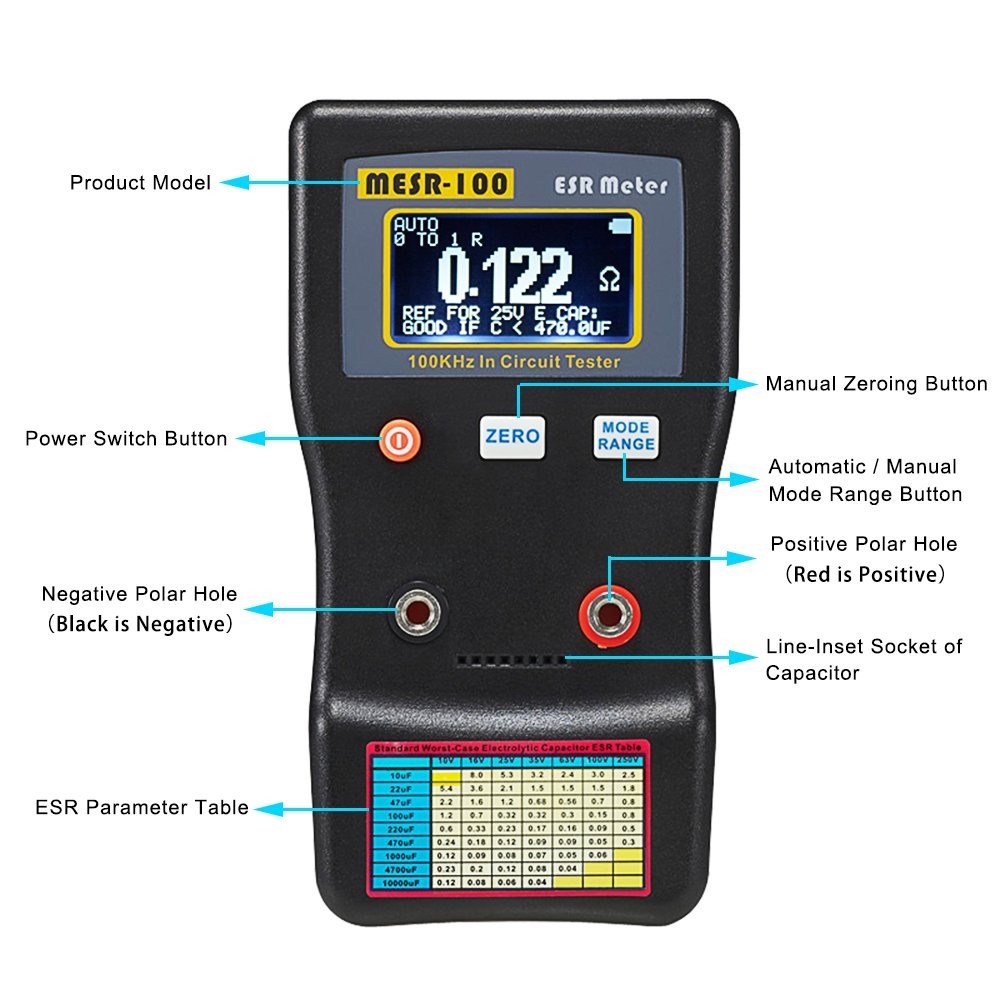 New MESR-100 V2 ESR Meter Capacitor Tester 0.01–100Ω Low Ohm Circuit Tester