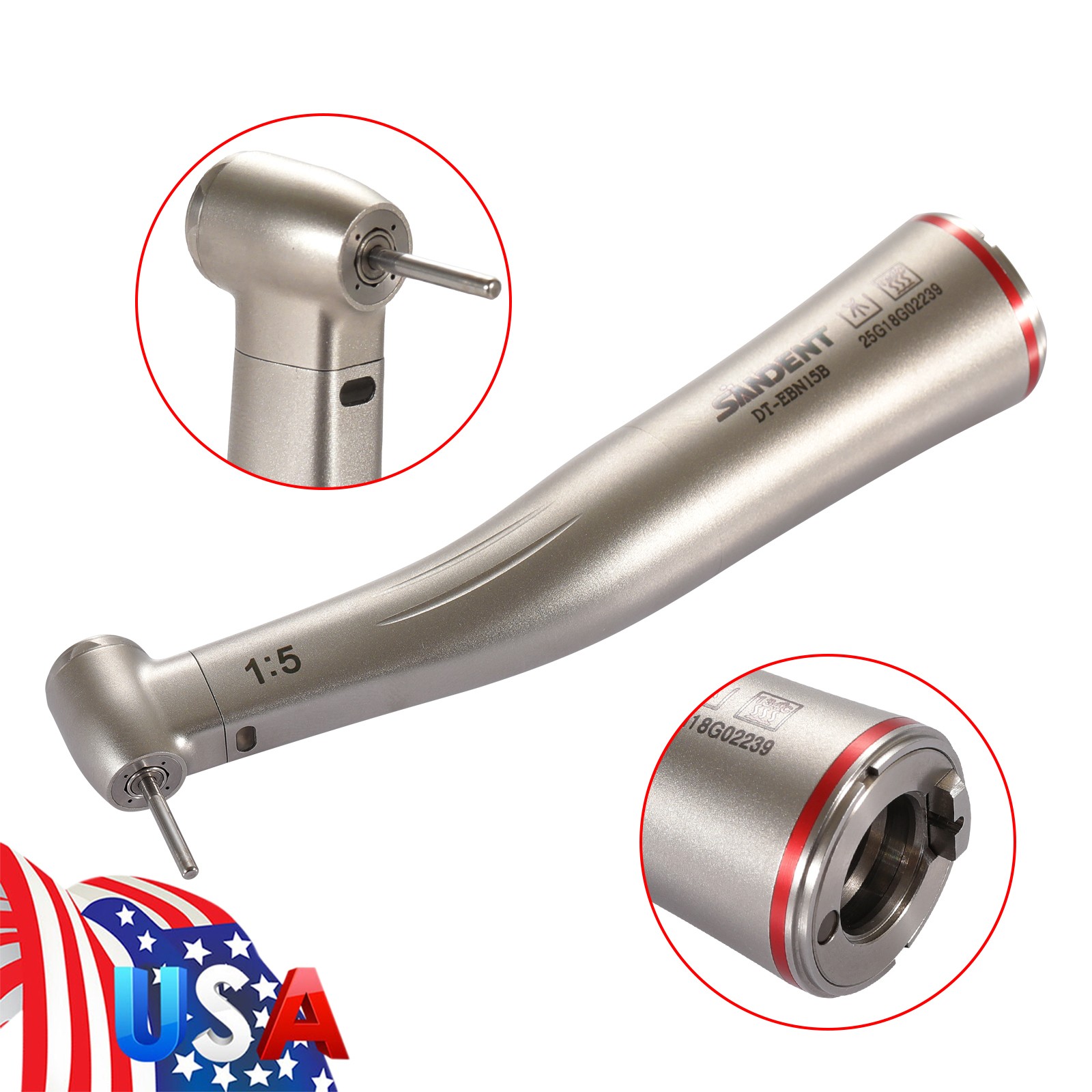 Dental 1:5 Contra Angle Fiber Optic LED Low Speed Handpiece Standard Head