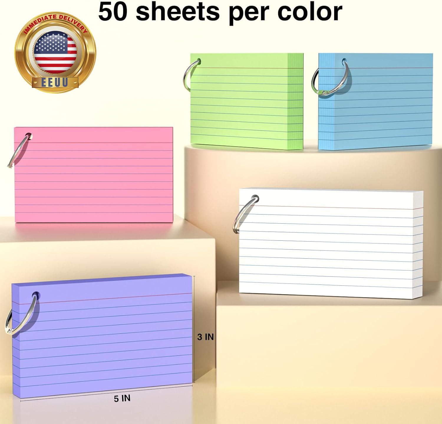 250 Count Colored Index Cards 3X5 Inch with Key Ring, 180Gsm Heavy Weight Flash