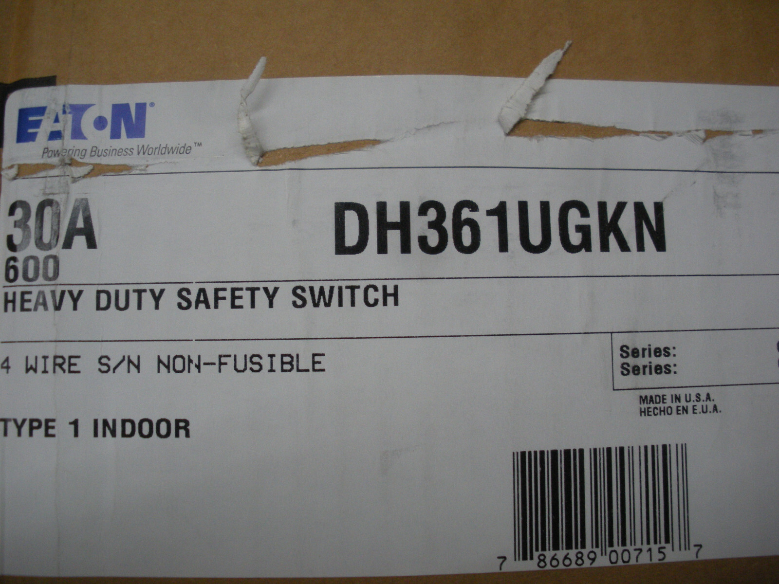 30A safety switch Eaton DH361UGKN 3P 4W 600v disconnect w/neutral non-fusible