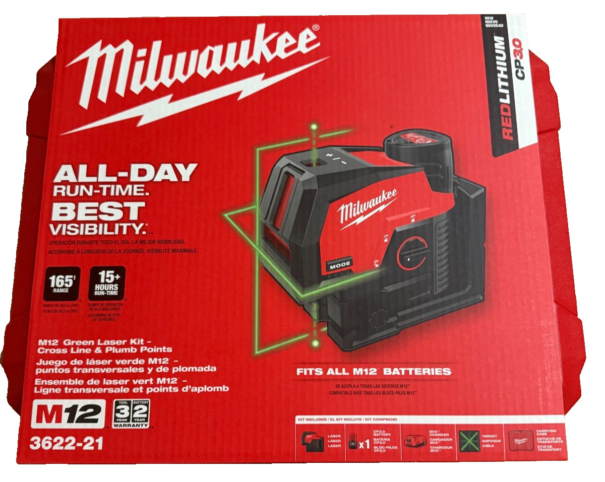 MILWAUKEE TOOL 3622-21 M12 Green Cross Line & Plumb Points Laser KIT