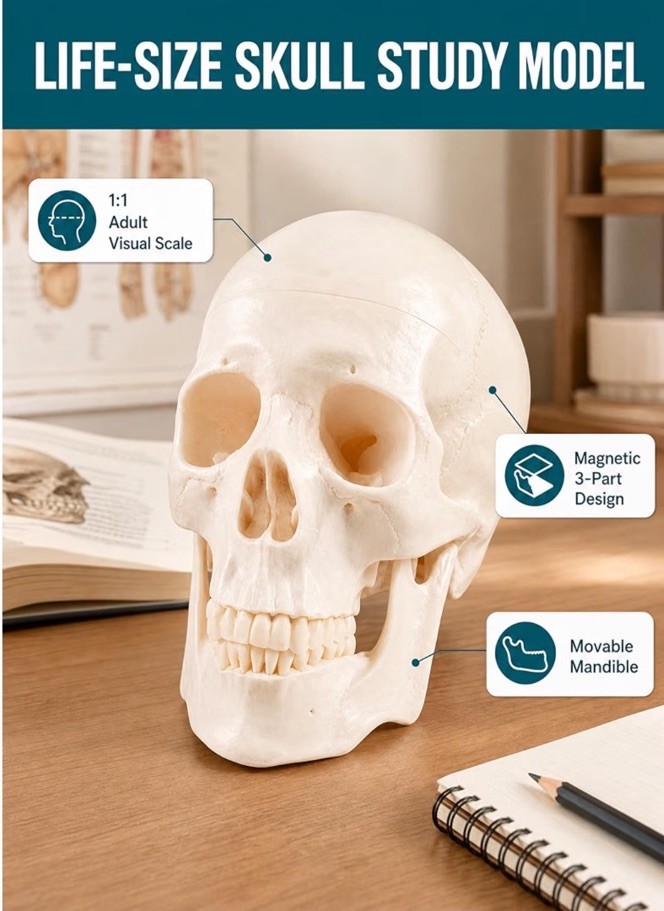Life Size Human Skull Model 3-Part Magnetic Anatomy Teaching Replica