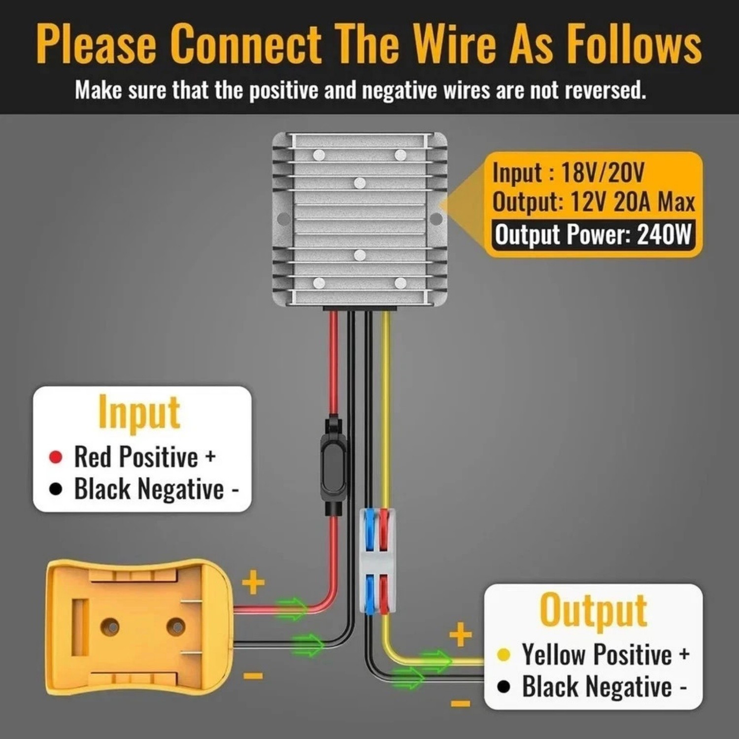 Voltage Reducer，240W 20A Step Down Converter Adapter Compatible with Dewalt 20V