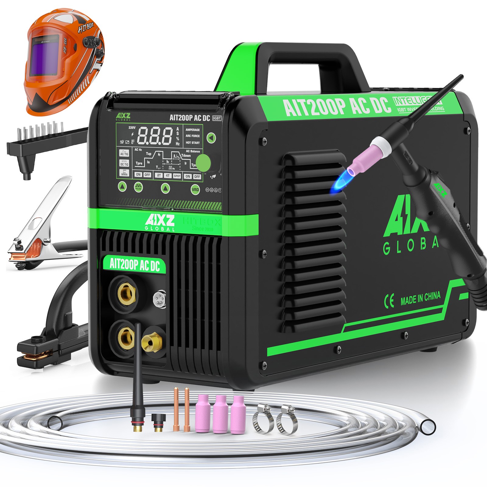 AC DC Aluminium TIG/MMA Welding Machine 200A 110V/230V Pulse Spot HF TIG &Helmet