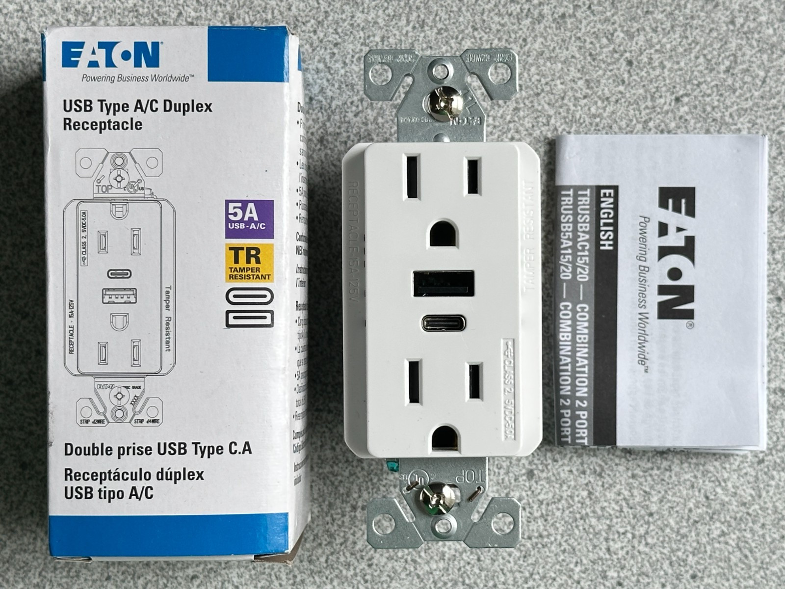 NEW Eaton Duplex Receptacle USB A & TYPE C Charger White 15A Tamper Resistant