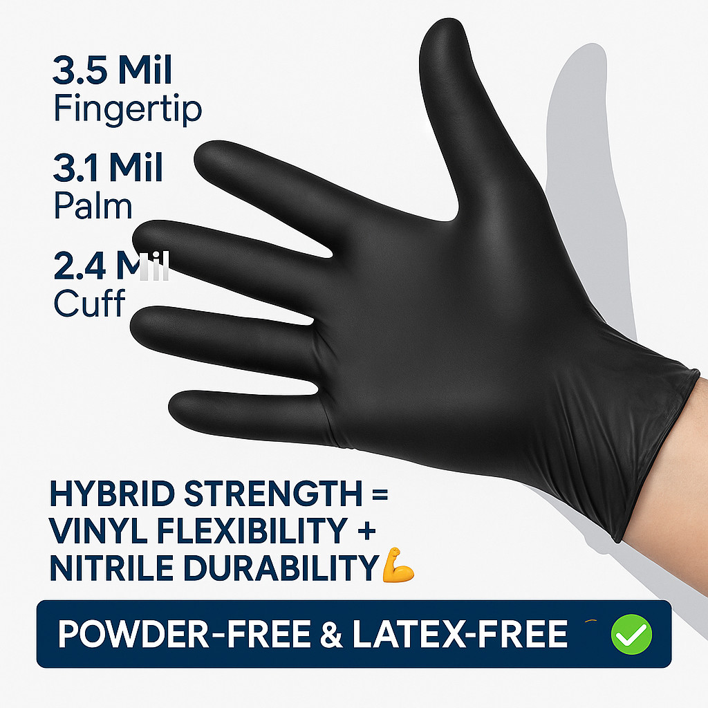 Noble Black Hybrid Gloves Large 3.5 Mil Powder-Free, 100/Box, Multi-Pack Options
