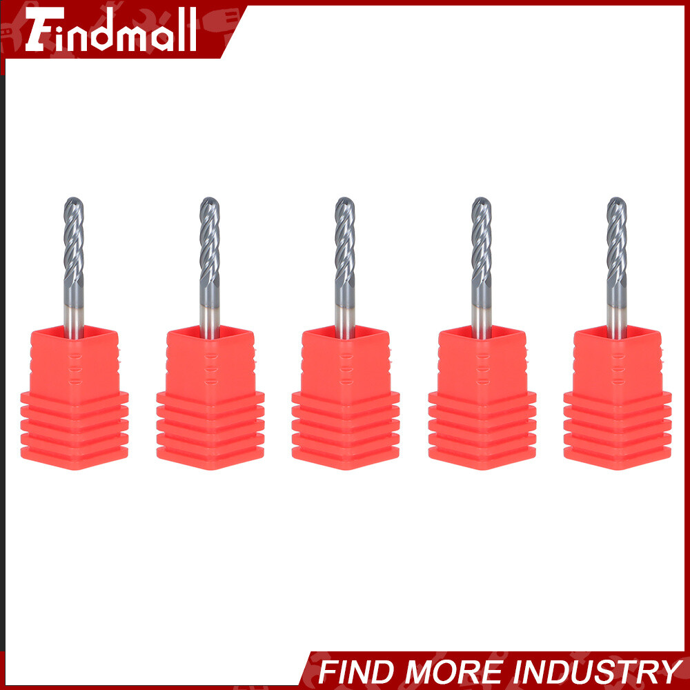 5 PCS 1/8″ 4 Flute 1-1/2″ Overall Length Ball Nose Carbide End Mill