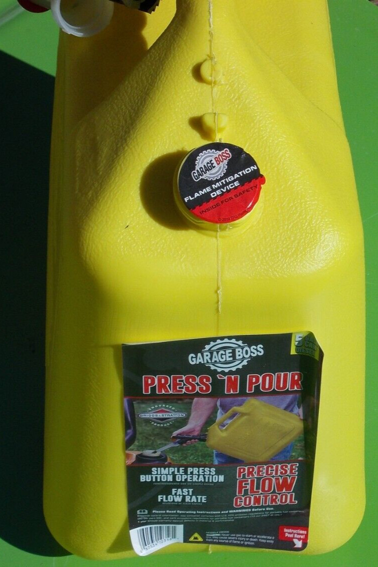 GARAGE BOSS 5 GALLON DIESEL FUEL CAN PRESS N POUR CONTROL GB356 YELLOW PLASTIC