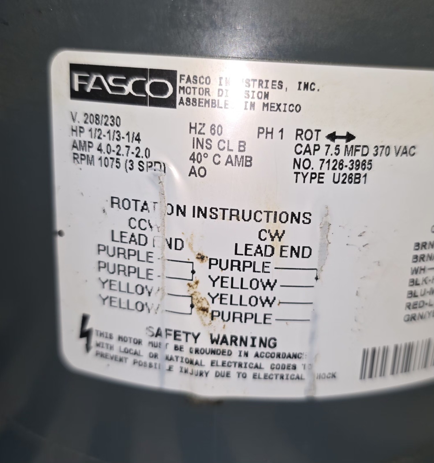 Direct Drive Blower Motor D703 FASCO 1075 RPM 1/2 HP TIPE U26B1. TESTED
