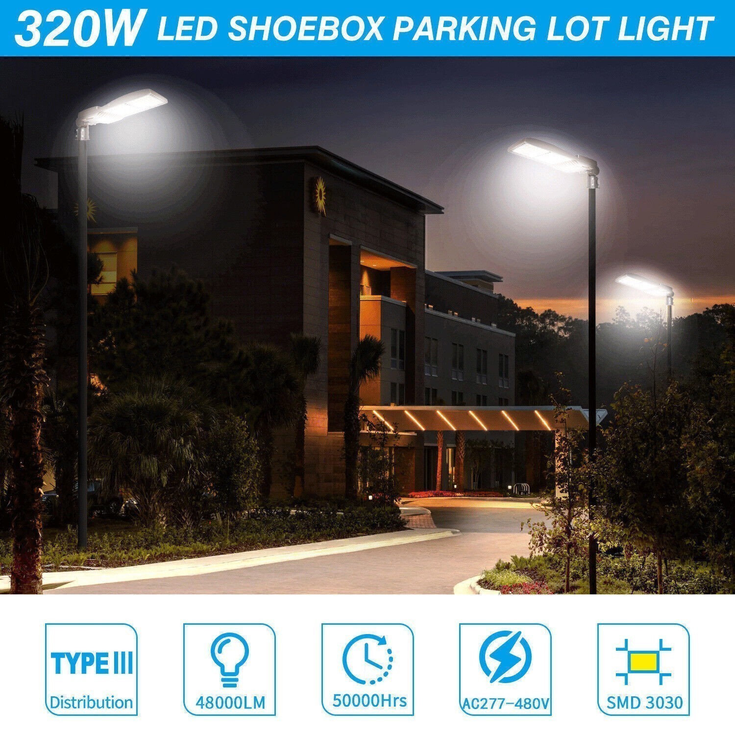 Commercial LED Stadium Light 277-480V 320W Shoebox Pole Security Street Lighting