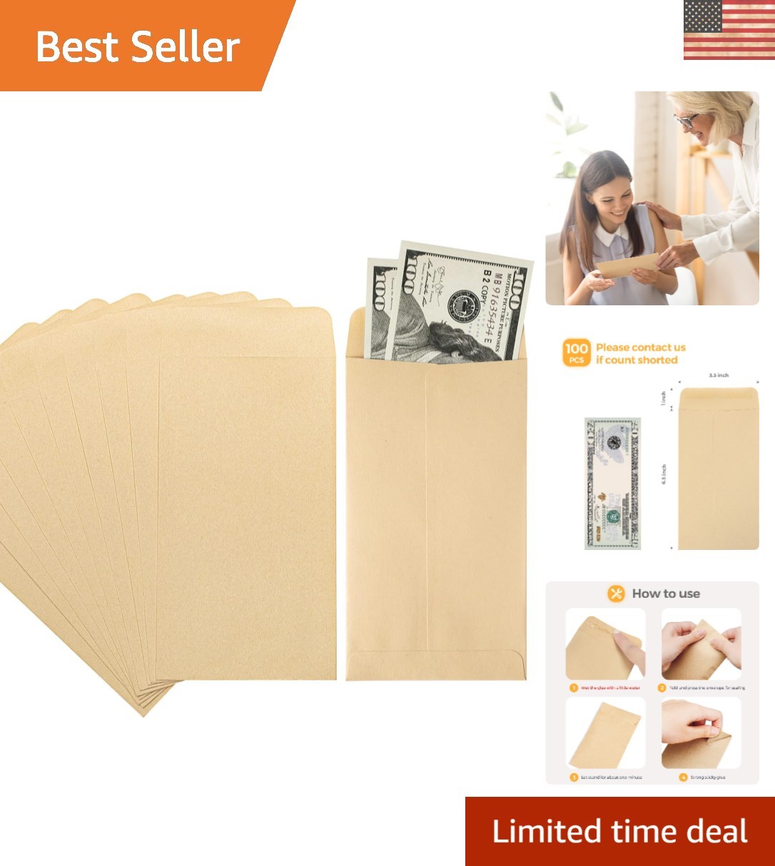 Durable Kraft Money Envelopes 3.5×6.5″ with Self-Adhesive Closure – 100 Count