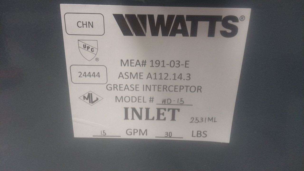 Watts WD-15 2 In Pipe Inlet/Outlet Size 15 GPM 30 Lb Capacity Grease Interceptor