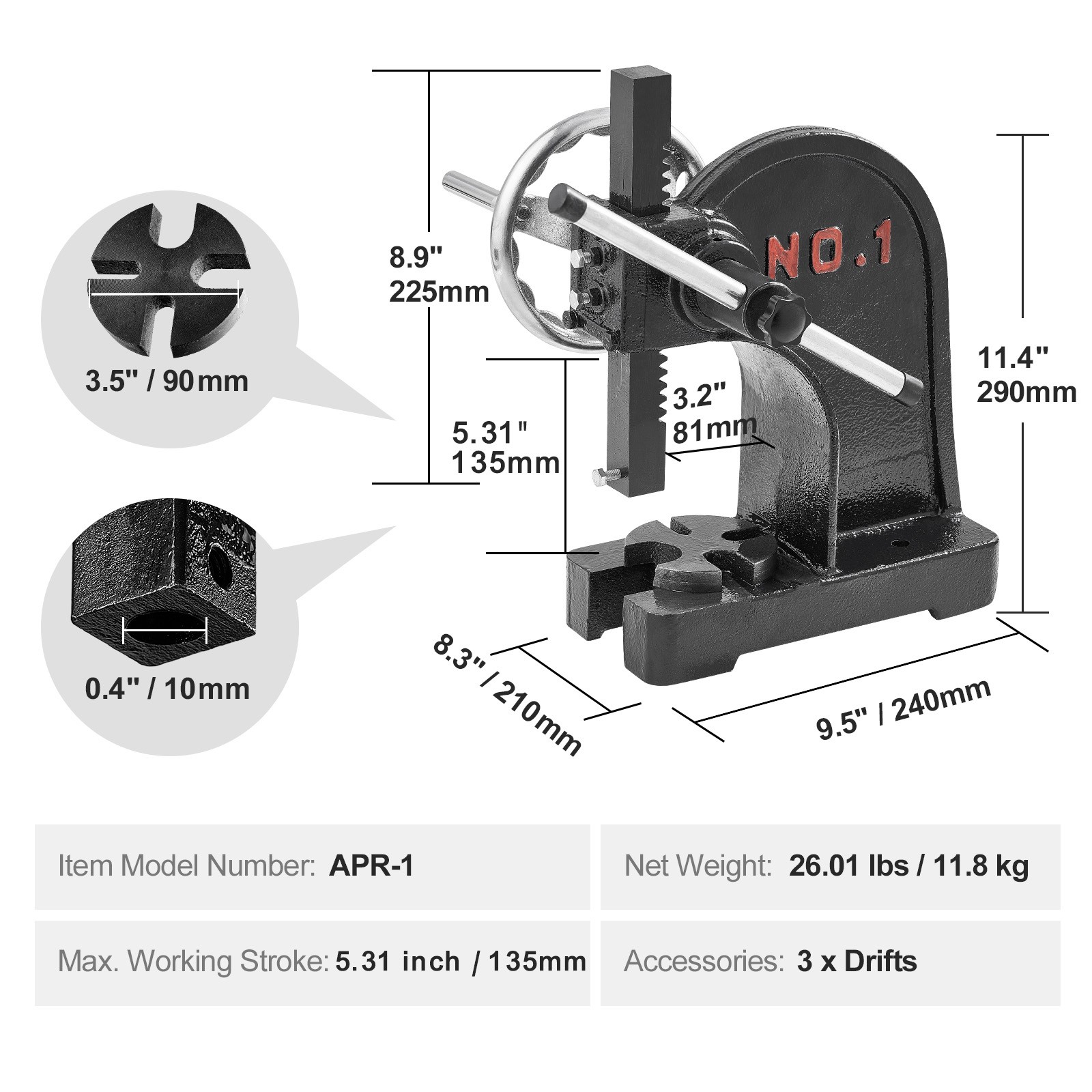 1 Ton Manual Arbor Press Handwheel 5.9″ Height Cast Iron Desktop