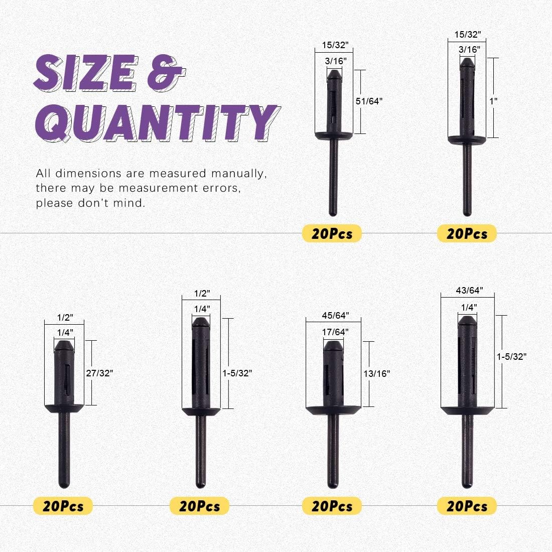 120Pcs 6 Different Sizes Black Nylon Universal Pop Rivet Rivet Assortment Kit