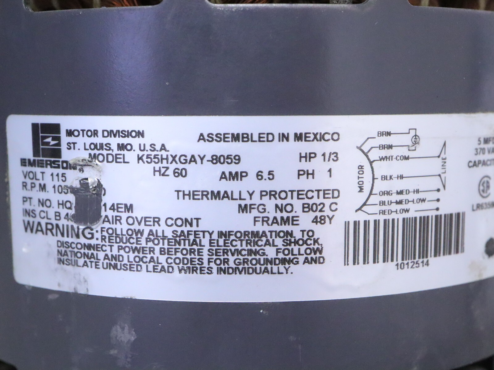 EMERSON K55HXGAY-8059 Blower Motor 1/3HP 115V 1050RPM 4SPD 60Hz 1PH HQ1012514EM