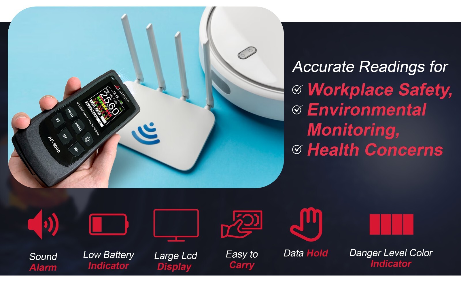 LATNEX AF-5000: Multi-Field 5G Radiation EMF Meter RF Detector Reader to 10GHz