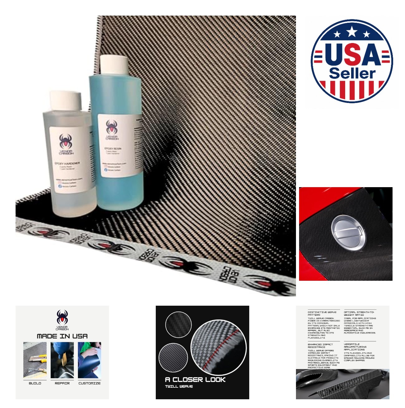 12 Inch x 5 Foot Twill Weave Carbon Fiber Cloth Sheet UV Epoxy Resin Kit
