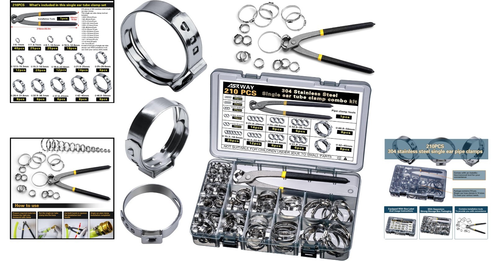AskWay 210 Pc 304 Stainless Steel Hose Clamp Assortment 6 To 50 Mm