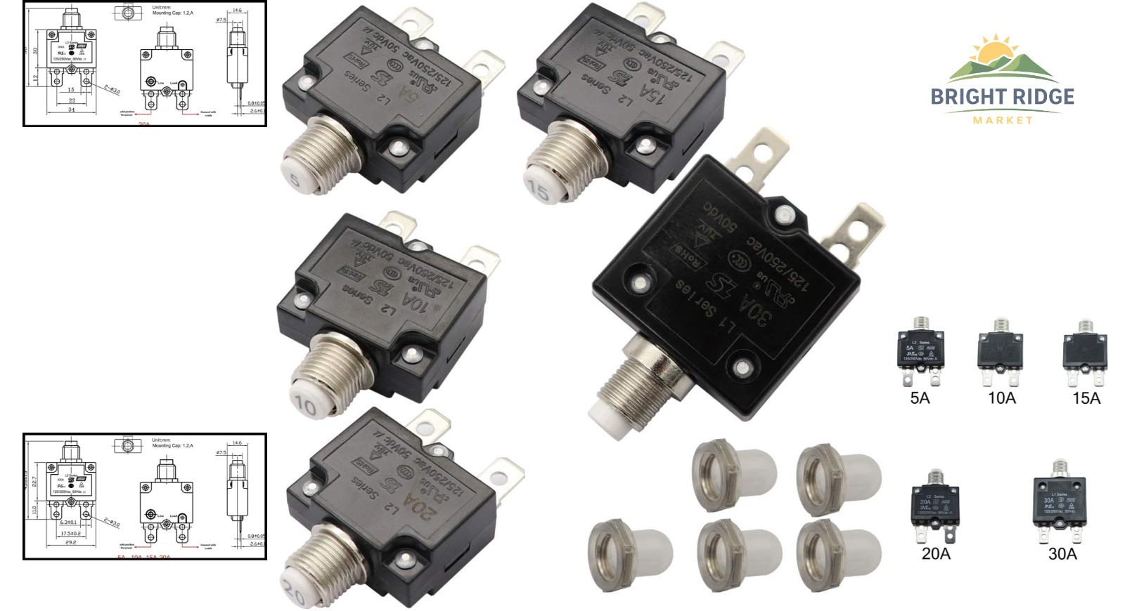 5-Piece Circuit Breaker Set with Push Button Reset for Automotive and Marine Use