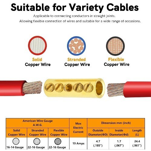 26 16 14 12 10 8 6 AWG Screw Sleeve Butt Splice Connectors Kit Brass Mechanical