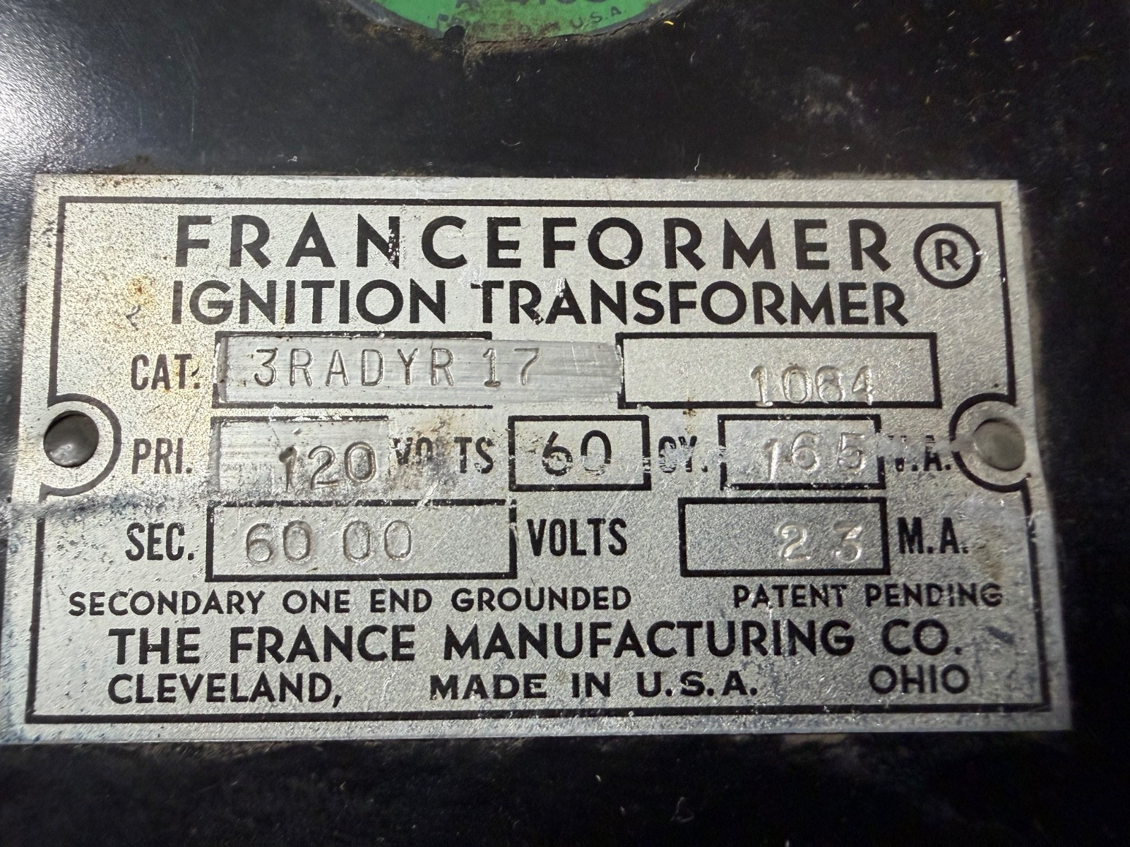 Vintage FRANCEFORMER IGNITION TRANSFORMER 3RADYR 17, Primary 120Volts-60CY-165VA